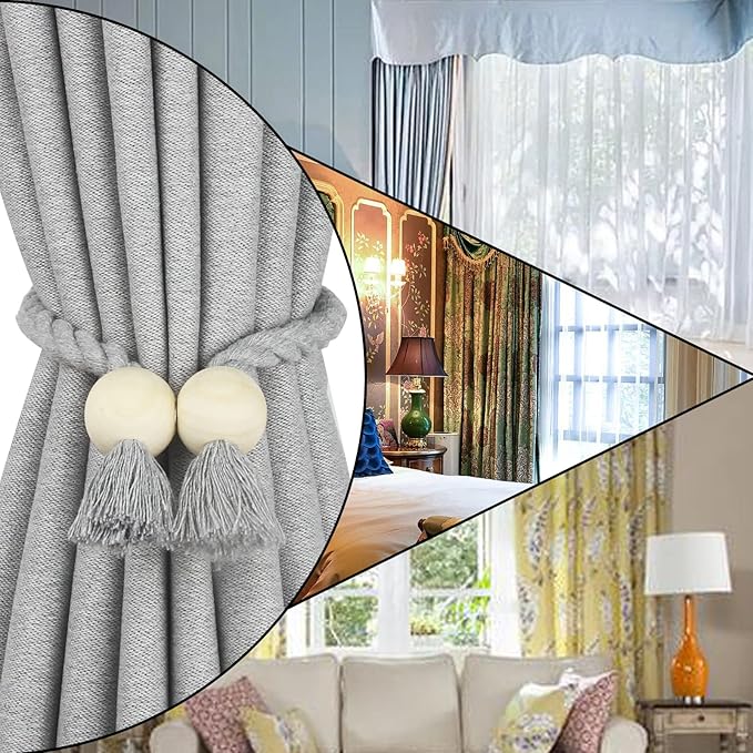 2 Pack Magnetic Curtain Tiebacks Cotton Hand Woven Tie Back Decorative Rope Holdbacks for Curtains Draperies No Tools Required, Grey