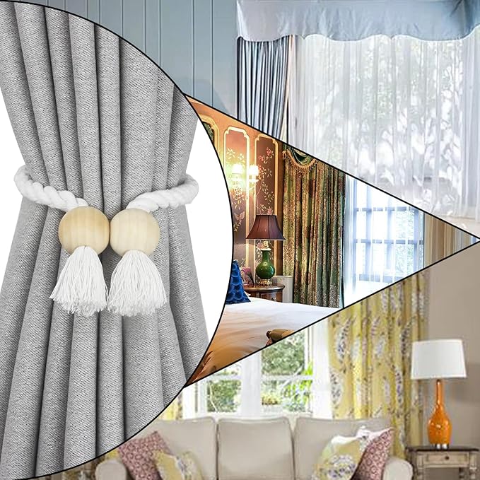 2 Pack Magnetic Curtain Tiebacks Cotton Hand Woven Tie Back Decorative Rope Holdbacks for Curtains Draperies No Tools Required, White