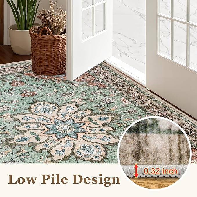 3x5 Area Rugs Living Room Rug: Washable Vintage Distressed Floral Rug No Slip Stain Resistant Soft Carpet Indoor Floor Large Carpets for Bedroom Dining Room Farmhouse Nursery Home Office Brown Green