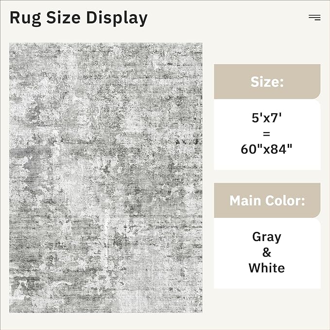 Abstract Rug 5x7 Machine Washable Area Indoor Grey White Low Pile Non-Slip Foldable Thin Accent Rugs for Bedroom Living Room Dining Room