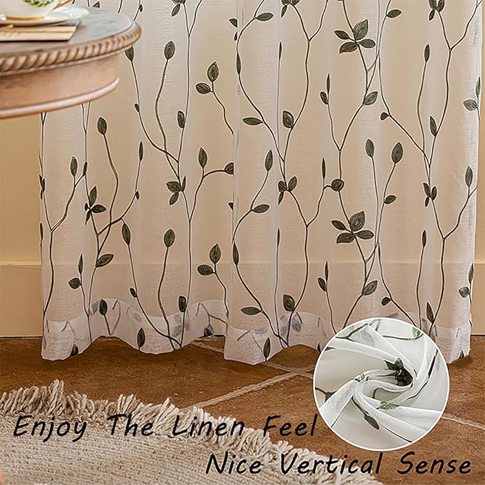 AmHoo 2 Panels Embroidered Leaf Pattern Semi Sheer Curtains Foliage Floral Voile Window Draperies Treatment for Bedroom Living Room Rod Pocket White Sage Green 53 x 63 Inch
