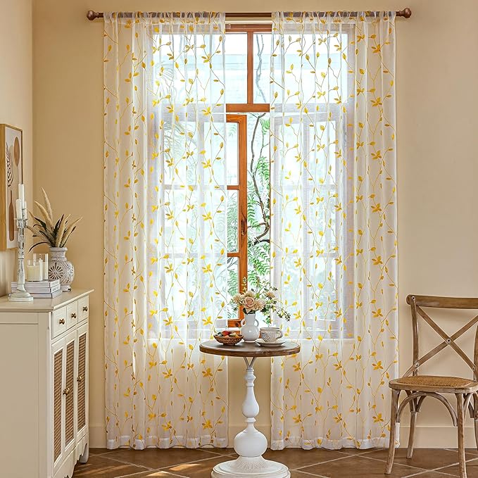 AmHoo 2 Panels Embroidered Leaf Pattern Semi Sheer Curtains Foliage Floral Voile Window Draperies Treatment for Bedroom Living Room Rod Pocket White Gold Yellow 53 x 84 Inch