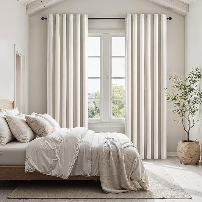 92 Inches Long Blackout Curtains for Living Room 2 Panels Set Cream Birch Linen Texture Room Darkening Energy Saving Curtain Window Coverings Hook Belt Pleated Drapes Aesthetic Bedroom(W40"xL92")