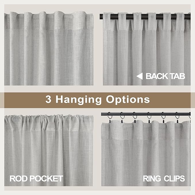 60 Inch Wide Curtains Grey for Living Room 2 Panels Set Back Tab Pocket Drape Semi Sheer Burlap Linen Extra Large Boho Farmhouse Light Gray Curtain for Bedroom Neutral Earth Width 5 x 9 FT Long 60x108