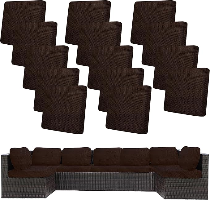 14Pcs Stretch Patio Cushion Covers,Outdoor Couch Covers Replacement,Outdoor Couch & Sofa Slipcovers,for Patio Furniture Cushion Covers,Washable Reusable Furniture Protector (Coffee,Cover Only)