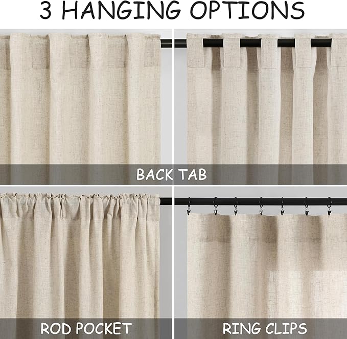 Beige Linen Curtains 80 inches Long for Loving Room Back Tab Light Filtering Privacy Sheer Curtains Rustic Farmhouse Bedroom Decor Cotton Textured Gauze Curtain 2 Panel Set 38x80