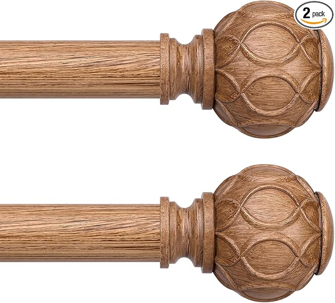 2 Pack Wood Curtain Rods for Windows 30 to 56 Inch, Boho Vintage Decorative 1 Inch Adjustable Heavy Duty Curtain Rod, Rustic Farmhouse Drapery Pole with Netted Imitation Wood Grain Finials