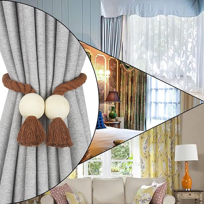 4 Pack Magnetic Curtain Tiebacks Cotton Hand Woven Tie Back Decorative Rope Holdbacks for Curtains Draperies No Tools Required, Khaki