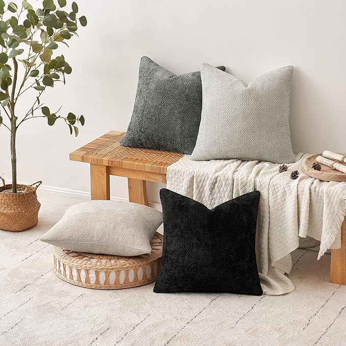 MIULEE Pack of 2 Couch Throw Pillow Covers 18x18 Inch Black Modern Boho Accent Decorative Pillow Covers Soft Chenille Farmhouse Cushion Covers for Home Decor Bed Sofa Living Room