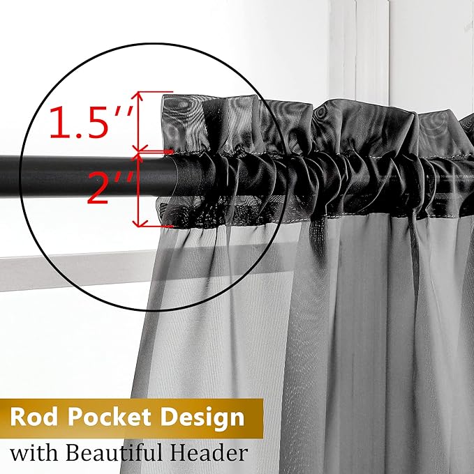 Aiyufeng 2 Panels Black Sheer Valance 14 Inch Length, Short Black Sheer Curtains for Bedroom, 14 Inches Kitchen Curtains for Small Window, Dual Rod Pocket (40 by 14 Inches Long)