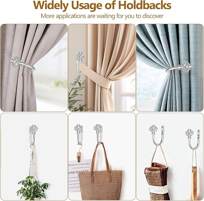 2 Pack Curtain Holdbacks, USFOOK Silver Decorative Window Drapery Tiebacks (2 Pack/1 Pair), Curtain Tie Back Hooks for Wall with Translucent Finials (3.95" L x 3.4" W)