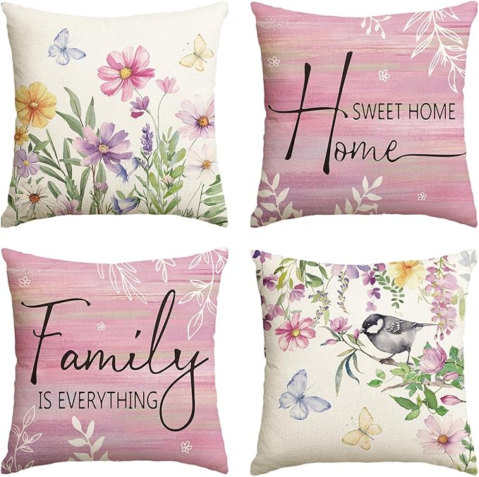 AVOIN colorlife Spring Saying Flowers Butterfly Pink Throw Pillow Covers, 16 x 16 Inch Home Sweet Home Cushion Case for Sofa Couch Set of 4