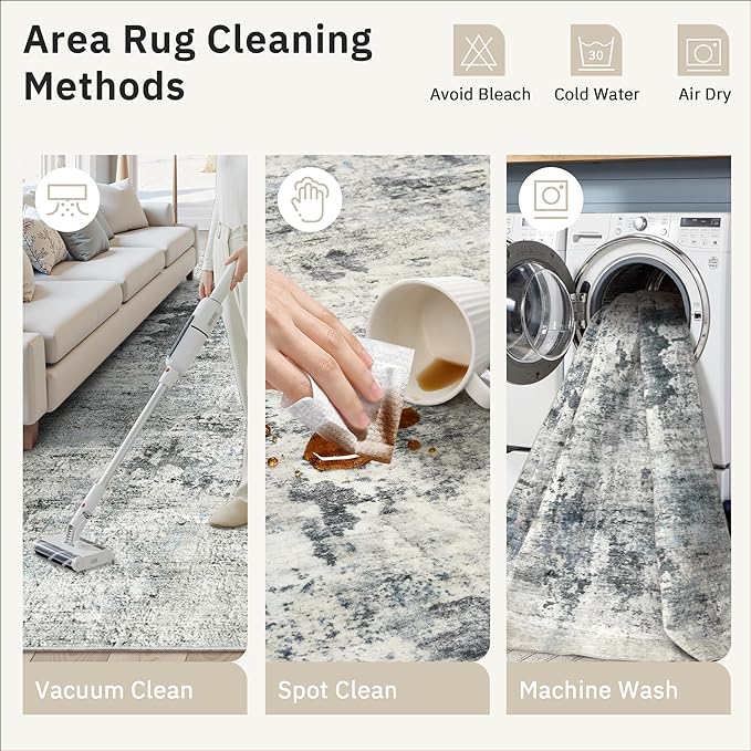 6x9 Abstract Area Rugs for Living Room 6 x 9 Washable Non Slip Low Pile Gray Rugs for Bedroom Dining Room Foldable Thin Gray Blue