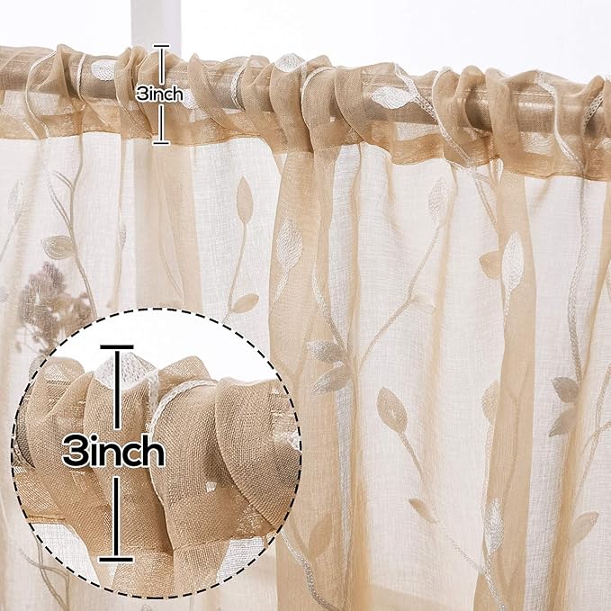 AmHoo 2 Panels Embroidered Leaf Pattern Semi Sheer Curtains Foliage Floral Voile Window Draperies Treatment for Bedroom Living Room Rod Pocket Beige 53 x 95 Inch