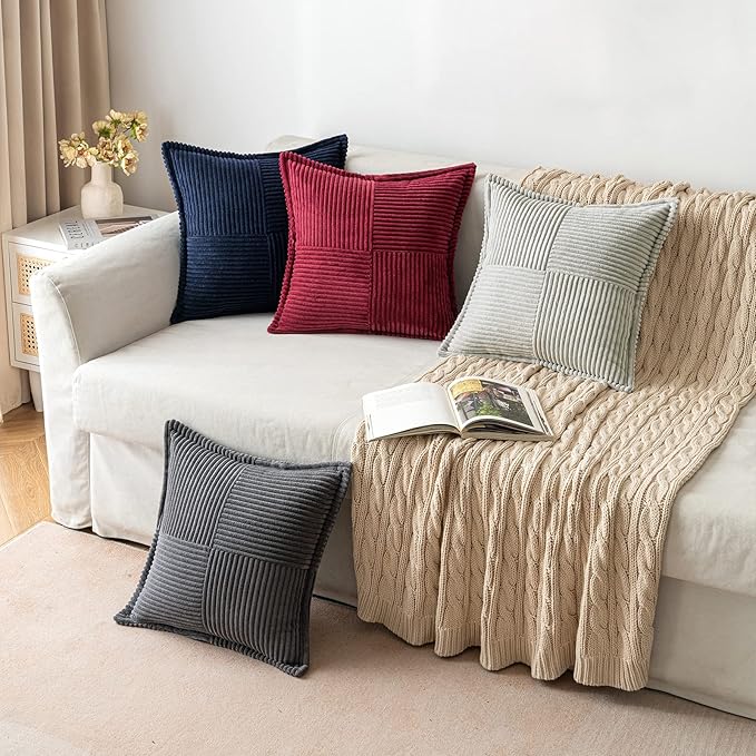 MIULEE Light Grey Corduroy Pillow Covers 16x16 Inch with Splicing Set of 2 Soft Boho Striped Pillow Covers Broadside Decorative Textured Pillowcases for Couch Cushion Bed Livingroom