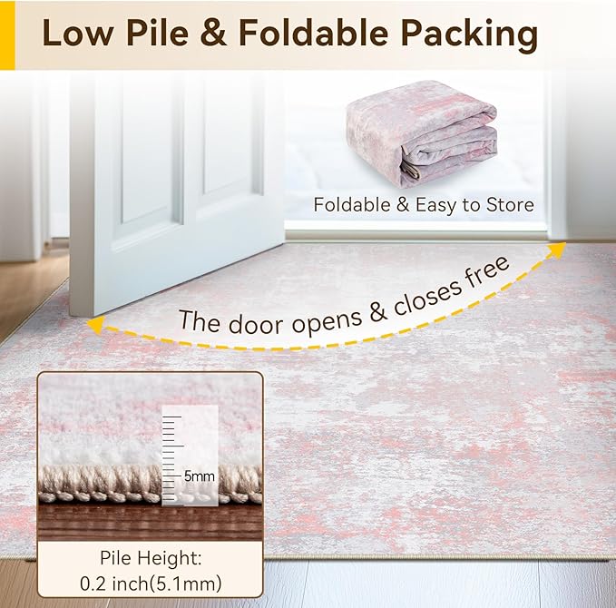 Washable Area Rugs 6ft Non-Slip Modern Abstract Soft for Living Room Entryway Bedroom Nursery, Print Pattern, Grey Pink