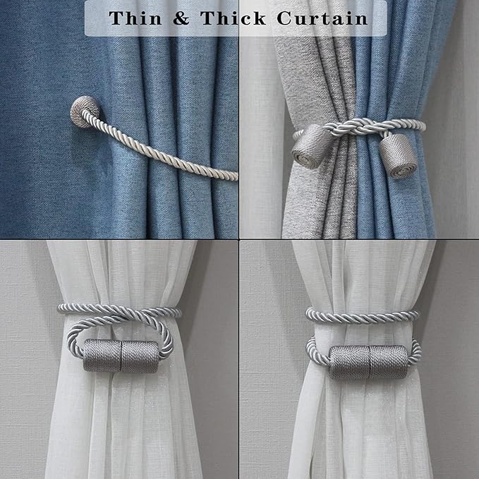 4 Pack Strong Magnetic Curtain Tiebacks Outdoor Elegant Decorative Tie Backs Modern Rope Tiebacks for Drapes Window Curtain Holdbacks for Draperies- Grey