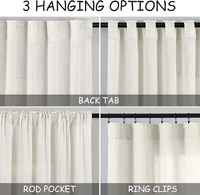 132 inch Curtains Extra Long 2 Panels Set Back Tab Neutral Farmhouse Drapes Light Filtering Semi Sheer Linen Curtain 132 inch Length for Floor to Ceiling Window Patio Sliding Door Ivory Cream 11ft