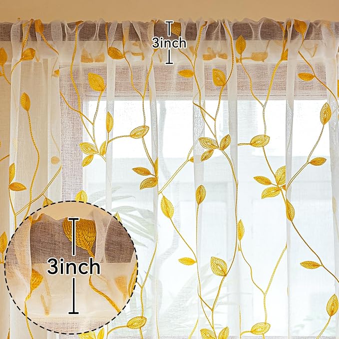 AmHoo 2 Panels Embroidered Leaf Pattern Semi Sheer Curtains Foliage Floral Voile Window Draperies Treatment for Bedroom Living Room Rod Pocket White Gold Yellow 53 x 95 Inch
