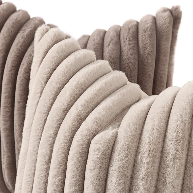 decorUhome Cozy Faux Fur Throw Pillow Covers 12x20 Set of 2 Decorative Soft Plush Striped Lumbar Modern Farmhouse Boho Couch Pillow Cases with Velvet Back for Sofa Bed Living Room, Light Coffee