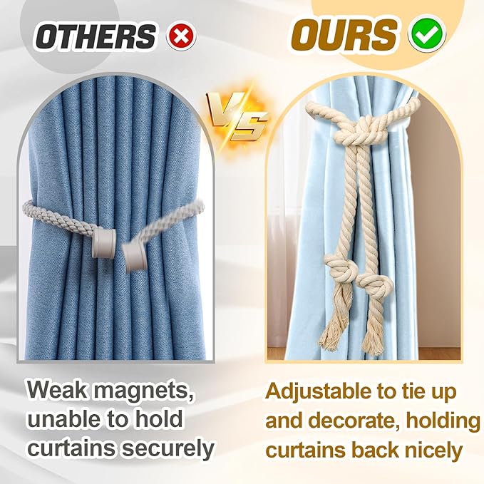 4 Pcs Hand Woven Curtain Tiebacks No Drilling - Boho Drape Holdbacks Rope for Black Blue Light Color Curtains, Decorative Ties for Outdoor Yard Garden Farmhouse Drapery, Beige
