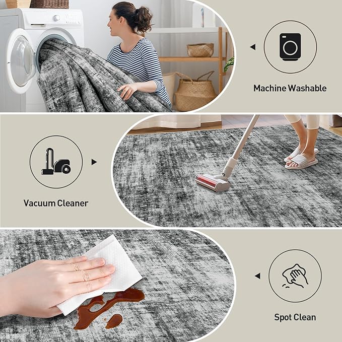 2'6''x8' Runner Rugs Washable Rug: Modern Abstract Living Room Rug Soft Anti-Skid Thin Carpet Indoor Floor Non-Shedding Carpets for Bedroom Dining Room Farmhouse Nursery Home Office - Black