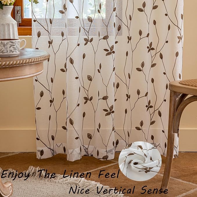 AmHoo 2 Panels Embroidered Leaf Pattern Semi Sheer Curtains Foliage Floral Voile Window Draperies Treatment for Bedroom Living Room Rod Pocket White Brown 53 x 84 Inch