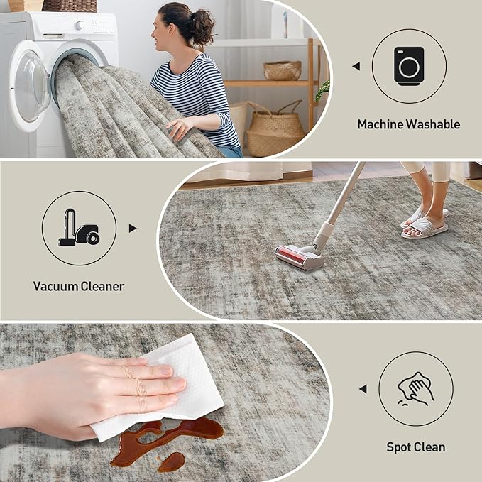8x10 Area Rugs Washable Rug: Modern Abstract Living Room Rug Soft Anti-Skid Thin Carpet Indoor Floor Non-Shedding Carpets for Bedroom Dining Room Farmhouse Nursery Home Office Brown Black