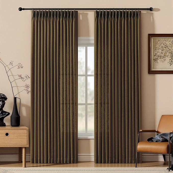 90 Inch Linen Pleated Curtains for Living Room, Light Filtering Pinch Pleated Curtain with Hook Memory Trained Linen Blend Window Drapes for Bedroom Dining Room, 40x90, Dark Chocolate, 2 Panel