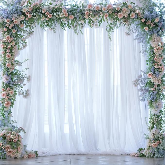 10ft x 12ft White Tulle Backdrop Curtain for Parties Sheer Fabric Backdrop Curtains for Wedding Baby Shower Bridal Shower Birthday Photo Backdrop Drapes Background Wall Decorations 2 Panels 5ft x 12ft
