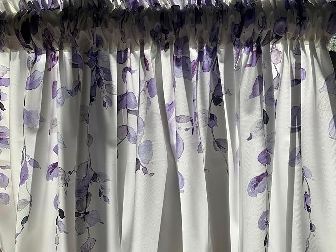2 Pack Watercolor Purple Leaves Window Valance for Bedroom Living Room, Lavender Leaf Plant Curtains Valanes for Windows, 3" Rod Pocket Window Treatment for Home Decorations, 54 x 18 Inch, 2 Panel