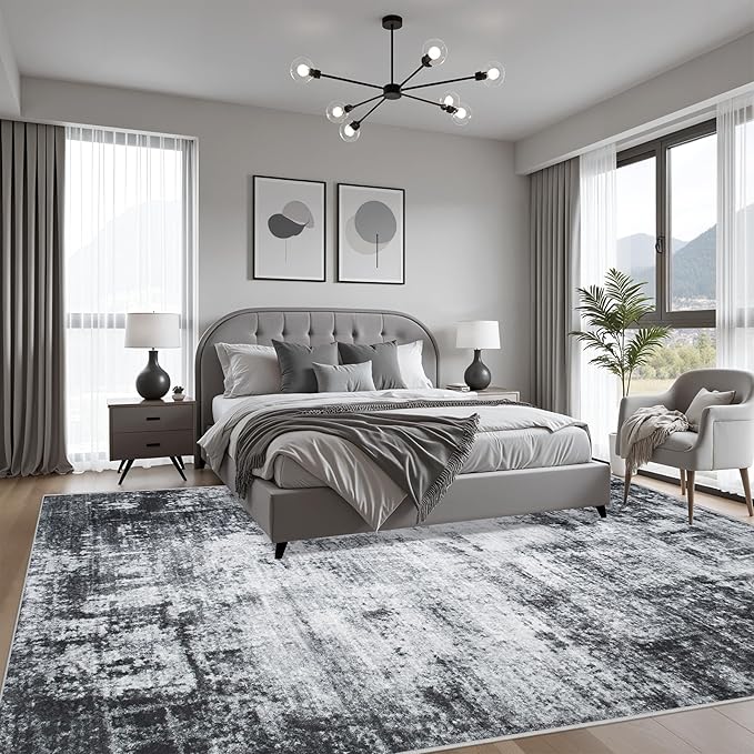 10x14 Area Rug Living Room Rug: Washable Modern Abstract Soft Thin Rug Indoor Floor No Slip Stain Resistant Carpet for Bedroom Dining Room Farmhouse Nursery Home Office - Dark-Black