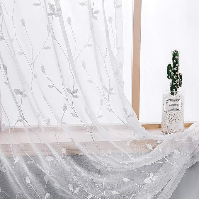 AmHoo 2 Panels Embroidered Leaf Pattern Semi Sheer Curtains Foliage Floral Voile Window Draperies Treatment for Bedroom Living Room Rod Pocket White 53 x 95 Inch