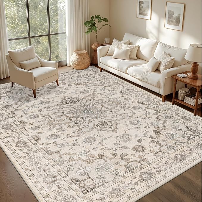 3x5 Area Rugs Living Room Rug: Washable Vintage Distressed Floral Rug No Slip Stain Resistant Soft Carpet Indoor Floor Large Carpets for Bedroom Dining Room Farmhouse Nursery Home Office Brown Beige