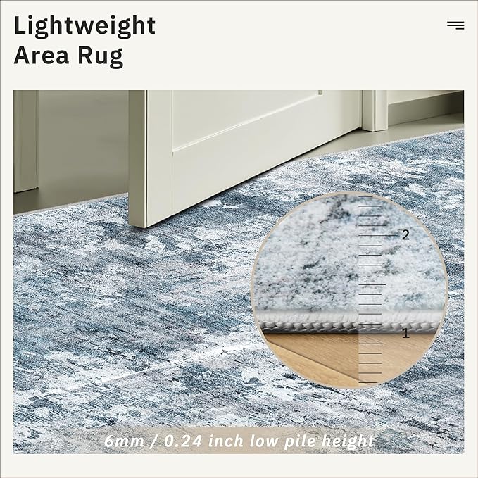10x14 Area Rugs for Living Room, Non Slip Machine Washable Vintage Rugs, Low Pile Lightweight Large Rug for Bedroom, Dining Room, Home Office Blue