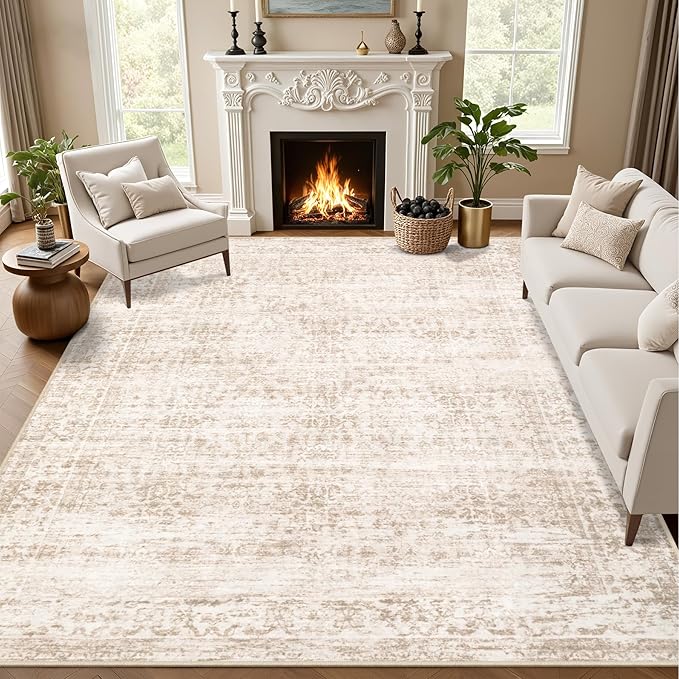3x5 Area Rugs Living Room Rug: Washable Vintage Boho Rug No Slip Stain Resistant Soft Carpet Indoor Floor Floral Large Carpets for Bedroom Dining Room Farmhouse Nursery Home Office Beige