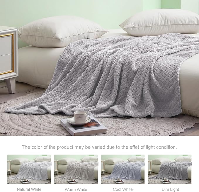 Exclusivo Mezcla Fleece King Size Blanket for Bed, 90x104 Inches Soft Cozy Jacquard Flannel Blankets, Lightweight Fuzzy Plush Warm for Women, Light Grey