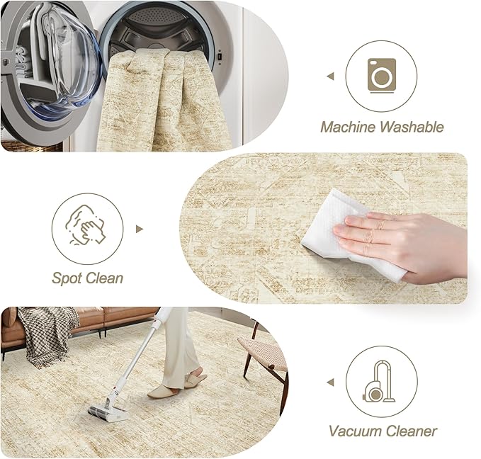 6x9 Area Rug for Living Room Floral Washable Non-Slip Modern Rugs for Bedroom Dinning Room Ultra-Thin Indoor Beige