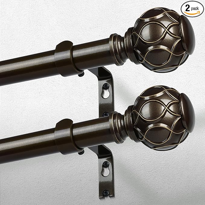 2 Pack Bronze Curtain Rod, Heavy Duty 1 Inch Decorative Curtain Rods for Windows 48 to 84 Inch, Single-Side Adjustable Vintage Rustic Antique Brown Drapery Pole with Netted Texture Finials