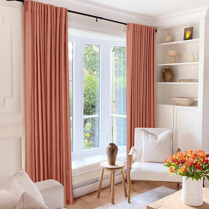 120 inch Linen Terracotta Curtains 2 Panels for Living Room Back Tab Light Filtering Semi Sheer Rust Colored Curtains 120 inches Long Soft Thick Cotton Cloth Textured Rustic Boho Farmhouse Room Decor
