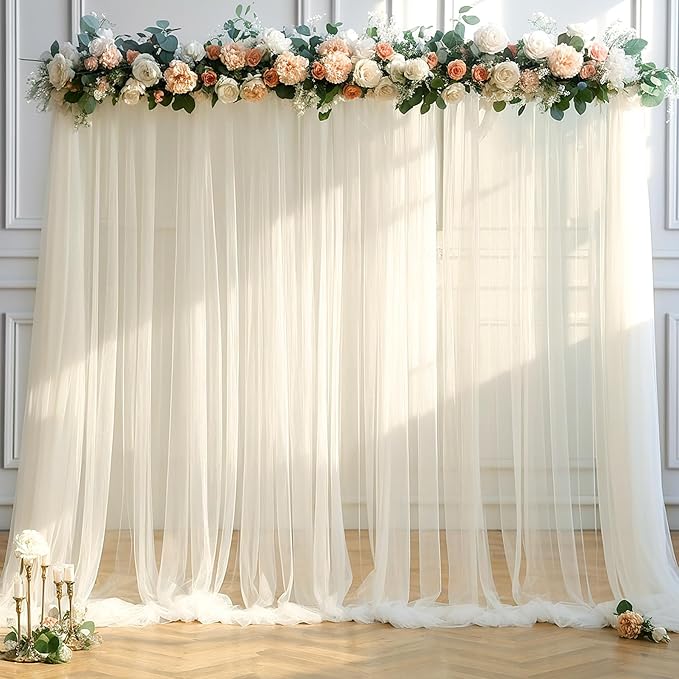 10ft x 15ft Champagne Tulle Backdrop Curtain for Parties Sheer Fabric Backdrop Curtains for Wedding Baby Shower Bridal Shower Birthday Photo Backdrop Drapes Background Decorations 2 Panels 5ft x 15ft