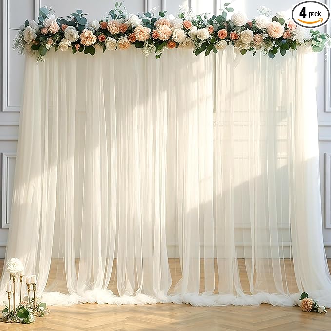 20ft x 15ft Champagne Tulle Backdrop Curtain for Parties Sheer Fabric Backdrop Curtains for Wedding Baby Shower Bridal Shower Birthday Photo Backdrop Drapes Background Decorations 4 Panels 5ft x 15ft