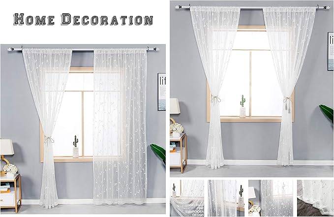 AmHoo 2 Panels Embroidered Leaf Pattern Semi Sheer Curtains Foliage Floral Voile Window Draperies Treatment for Bedroom Living Room Rod Pocket White 53 x 84 Inch