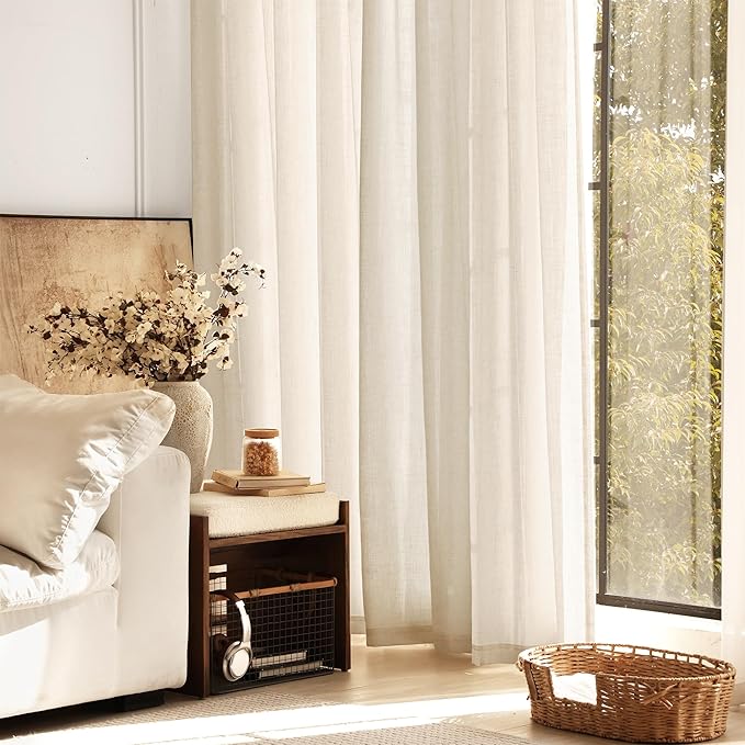 Apricot Linen Curtain 90 inch Length 2 Panels Set Back Tab Light Filtering Living Room Curtain Drapes Home Office Modern Minimalist Decor Farmhouse Boho Neutral Cream Semi Sheer Curtain 90 inch Long