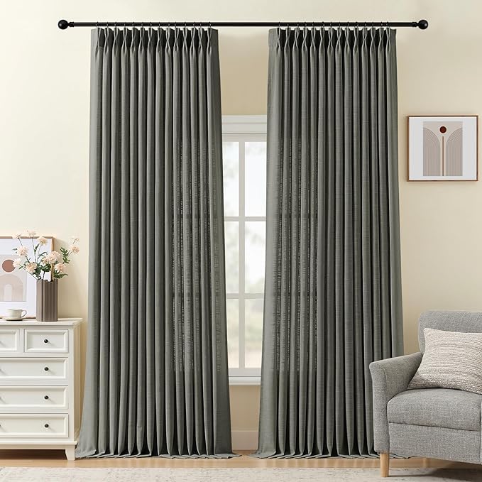 96 Inch Linen Curtains for Living Room, Pinch Pleated Semi Sheer Curtain Rustic Textured Light Filtering Back Tab Drapes with Hooks Rings for Bedroom Farmhouse, Charcoal Grey, W40xL96, 2 Panels