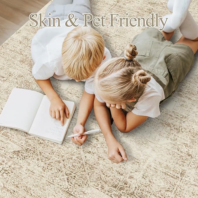 5x7 Area Rugs Brown Low Pile Indoor Washable Trendy Faded Style Floral Rugs for Bedroom Living Room Dining Room Foldable Non-Slip Thin Print Mat