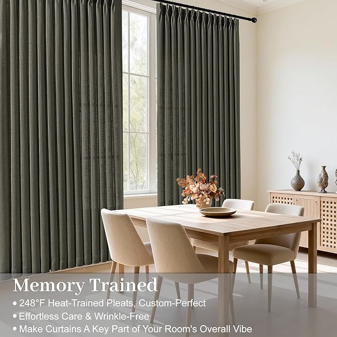 96 Inch Linen Curtains for Living Room, Pinch Pleated Semi Sheer Curtain Rustic Textured Light Filtering Back Tab Drapes with Hooks Rings for Bedroom Farmhouse, Charcoal Grey, W40xL96, 2 Panels
