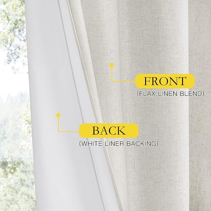NICETOWN 100% Absolutely Blackout Linen Curtains with Thermal Insulated White Liner, Ivory, 52" W x 63" L, Set of 2, Burlap Textured Textured Linen Look Privacy Window Treatment for Kitchen