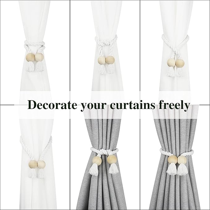 4 Pack Magnetic Curtain Tiebacks Cotton Hand Woven Tie Back Decorative Rope Holdbacks for Curtains Draperies No Tools Required, White