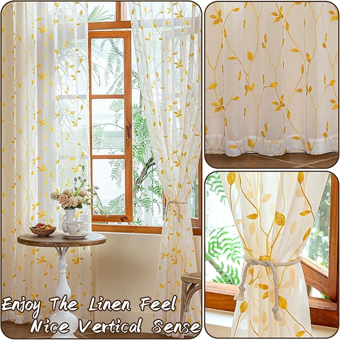 AmHoo 2 Panels Embroidered Leaf Pattern Semi Sheer Curtains Foliage Floral Voile Window Draperies Treatment for Bedroom Living Room Rod Pocket White Gold Yellow 53 x 95 Inch
